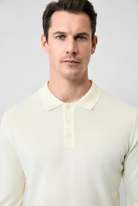 Ekru Polo Yaka Düğmeli Regular Fit Sıcak Tutan Yünlü Triko Kazak