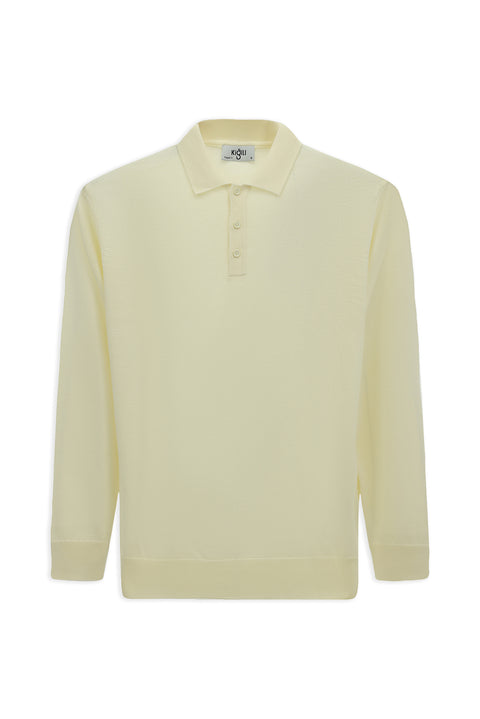 Ekru Polo Yaka Düğmeli Regular Fit Sıcak Tutan Yünlü Triko Kazak