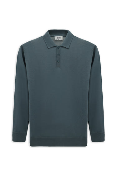 Küf Yeşili Polo Yaka Regular Fit Yünlü Örme Triko Kazak