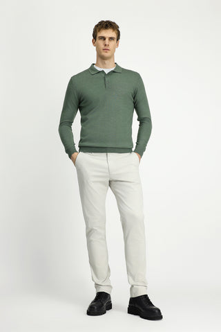  Açık Haki Melanj Polo Yaka Düğmeli Regular Fit Sıcak Tutan Yünlü Triko Kazak