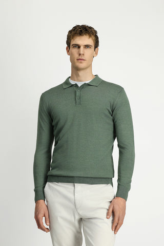  Açık Haki Melanj Polo Yaka Düğmeli Regular Fit Sıcak Tutan Yünlü Triko Kazak