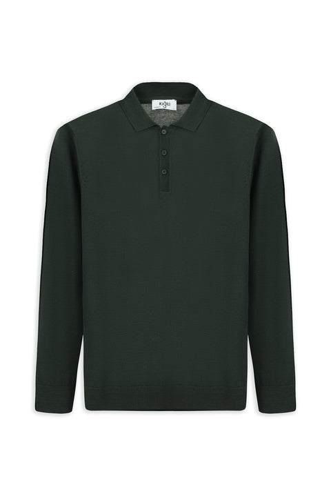 Asker Haki Polo Yaka Düğmeli Regular Fit Sıcak Tutan Yünlü Triko Kazak