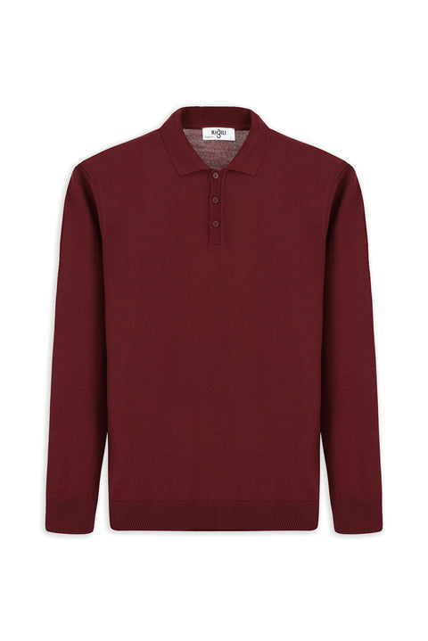 Koyu Bordo Polo Yaka Düğmeli Regular Fit Sıcak Tutan Yünlü Triko Kazak