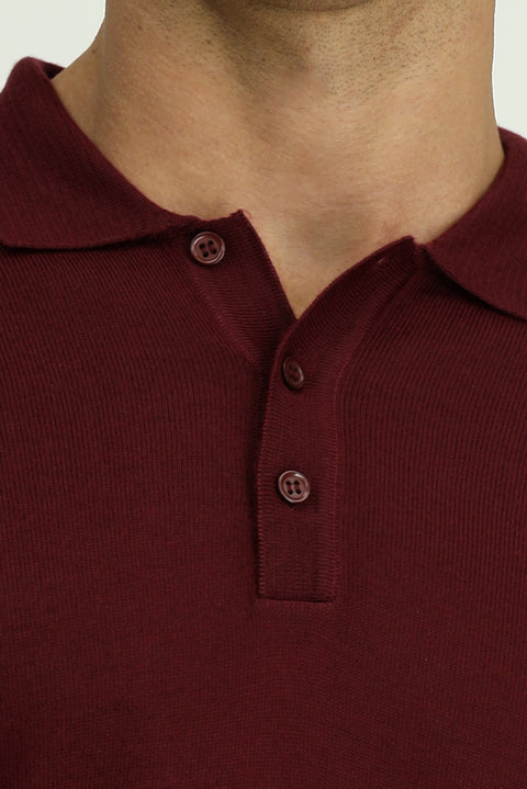 Koyu Bordo Polo Yaka Düğmeli Regular Fit Sıcak Tutan Yünlü Triko Kazak