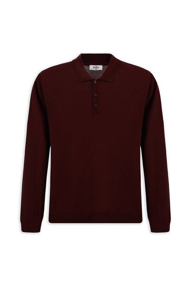 Koyu Bordo Polo Yaka Regular Fit Yünlü Triko Kazak