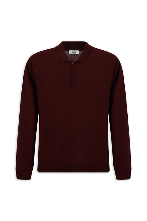 Koyu Bordo Polo Yaka Düğmeli Regular Fit Sıcak Tutan Yünlü Triko Kazak