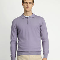 Lila Polo Yaka Düğmeli Regular Fit Sıcak Tutan Yünlü Triko Kazak