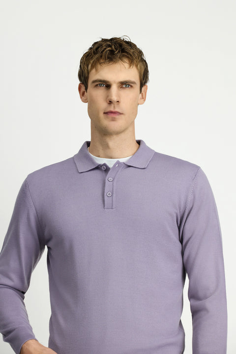 Lila Polo Yaka Düğmeli Regular Fit Sıcak Tutan Yünlü Triko Kazak