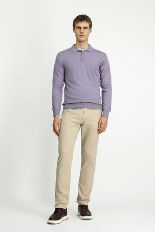  Lila Polo Yaka Düğmeli Regular Fit Sıcak Tutan Yünlü Triko Kazak