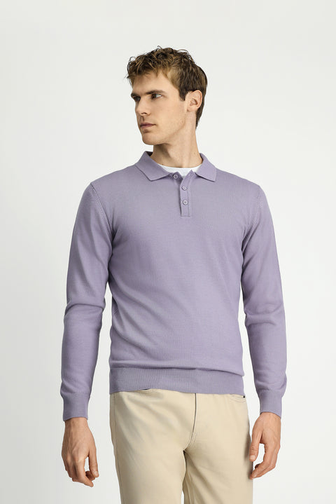 Lila Polo Yaka Düğmeli Regular Fit Sıcak Tutan Yünlü Triko Kazak
