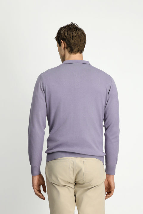 Lila Polo Yaka Düğmeli Regular Fit Sıcak Tutan Yünlü Triko Kazak