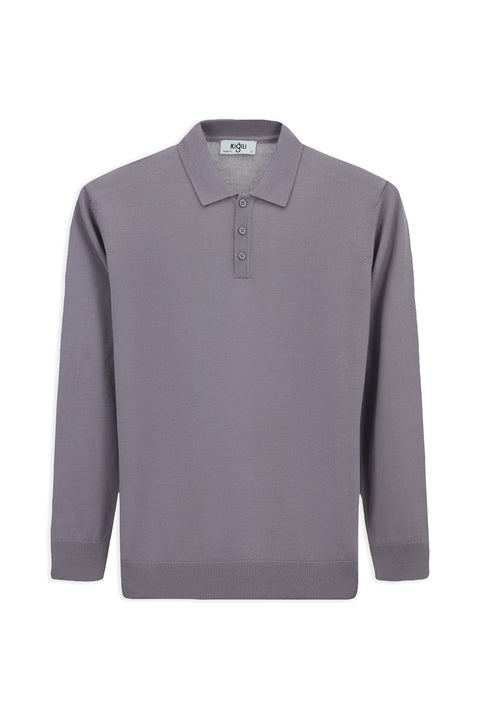 Lila Polo Yaka Düğmeli Regular Fit Sıcak Tutan Yünlü Triko Kazak