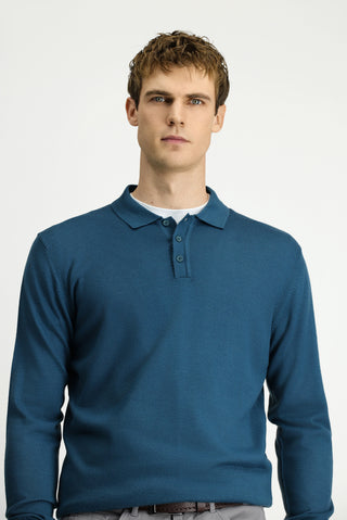  Koyu Yeşil Polo Yaka Düğmeli Regular Fit Sıcak Tutan Yünlü Triko Kazak