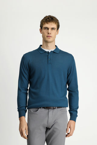  Koyu Yeşil Polo Yaka Düğmeli Regular Fit Sıcak Tutan Yünlü Triko Kazak