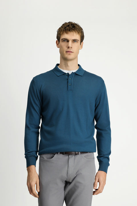 Koyu Yeşil Polo Yaka Düğmeli Regular Fit Sıcak Tutan Yünlü Triko Kazak