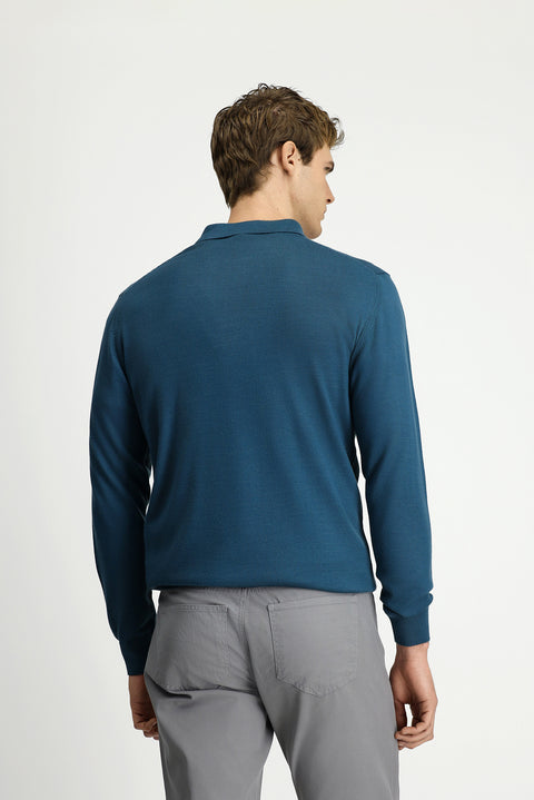 Koyu Yeşil Polo Yaka Düğmeli Regular Fit Sıcak Tutan Yünlü Triko Kazak