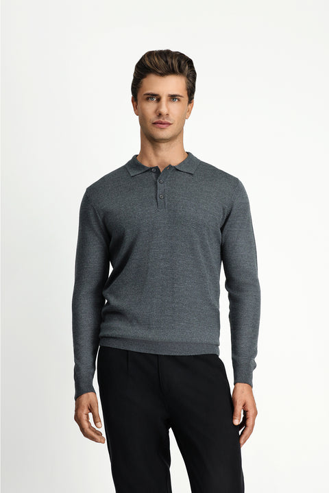 Orta Anrasit Melanj Polo Yaka Düğmeli Regular Fit Sıcak Tutan Yünlü Triko Kazak