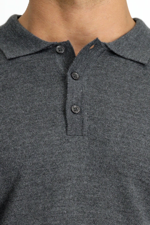 Orta Anrasit Melanj Polo Yaka Düğmeli Regular Fit Sıcak Tutan Yünlü Triko Kazak
