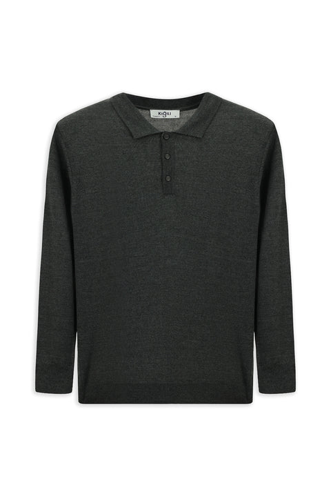 Orta Anrasit Melanj Polo Yaka Düğmeli Regular Fit Sıcak Tutan Yünlü Triko Kazak