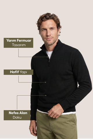  Siyah Regular Fit Yarım Balıkçı Yaka Fermuarlı Triko Kazak