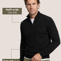 Black Regular Fit Half Turtleneck Zip-Up Knit Sweater