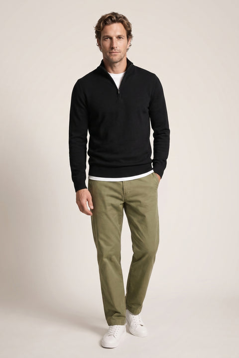 Black Regular Fit Half Turtleneck Zip-Up Knit Sweater