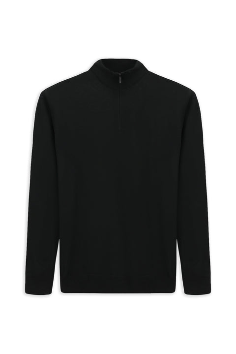 Black Regular Fit Half Turtleneck Zip-Up Knit Sweater