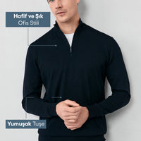 Koyu Lacivert Regular Fit Yarım Balıkçı Yaka Fermuarlı Triko Kazak