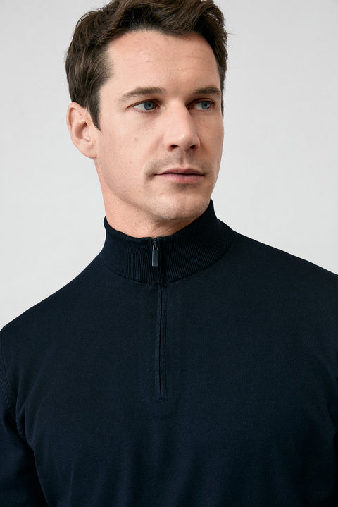 Koyu Lacivert Regular Fit Yarım Balıkçı Yaka Fermuarlı Triko Kazak