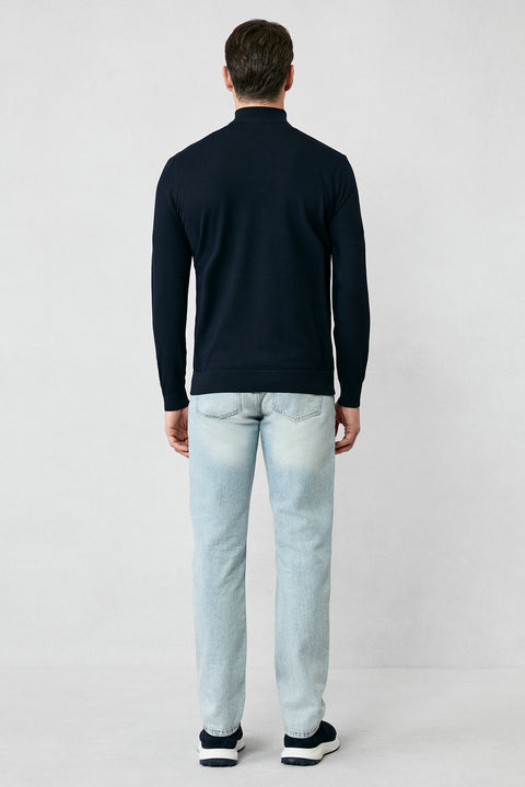 Koyu Lacivert Regular Fit Yarım Balıkçı Yaka Fermuarlı Triko Kazak