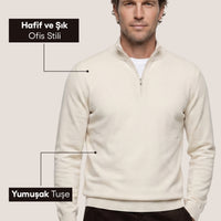 Stone Regular Fit Half Turtleneck Zip-Up Knit Sweater