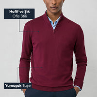 Koyu Bordo Regular Fit Yarım Balıkçı Yaka Fermuarlı Triko Kazak