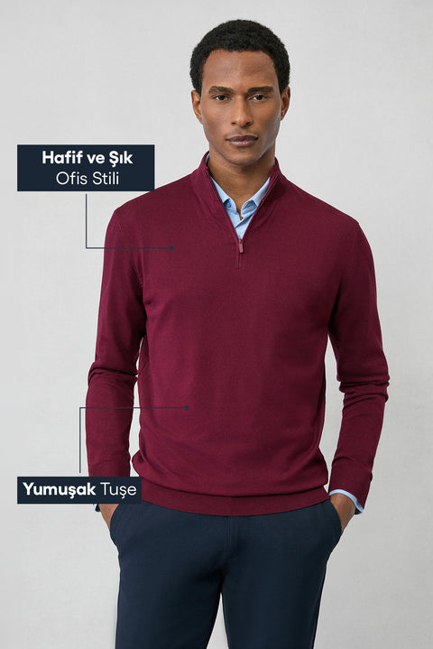 Koyu Bordo Regular Fit Yarım Balıkçı Yaka Fermuarlı Triko Kazak
