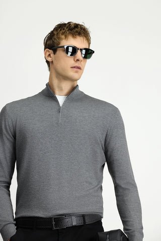  Orta Anrasit Melanj Regular Fit Yarım Balıkçı Yaka Fermuarlı Triko Kazak