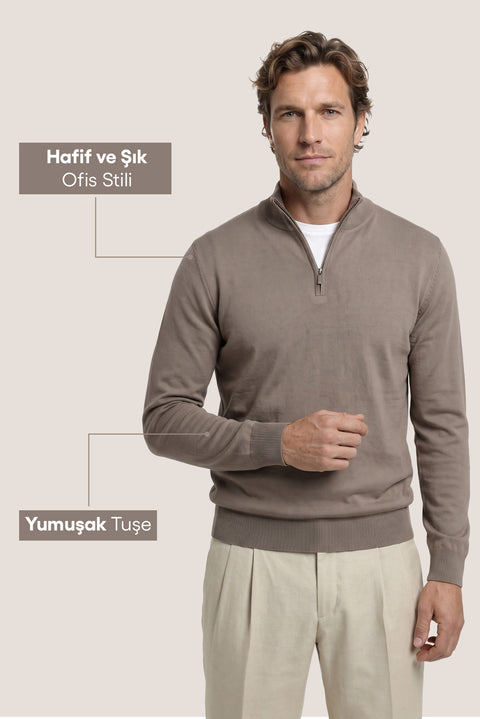 Orta Vizon Regular Fit Yarım Balıkçı Yaka Fermuarlı Triko Kazak