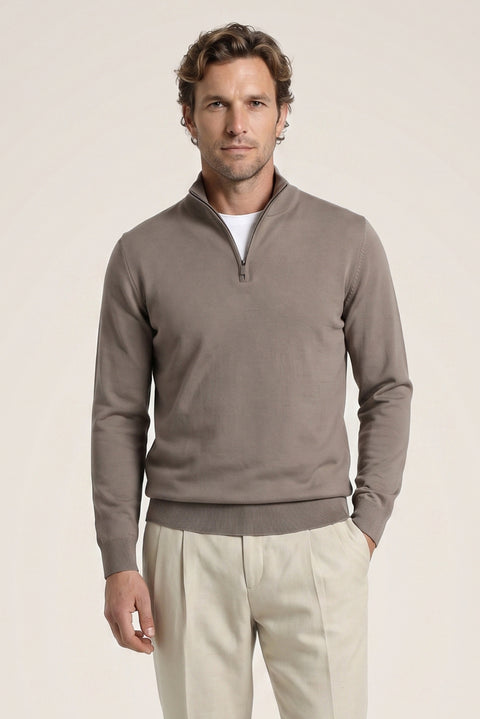 Medium Mink Regular Fit Half Turtleneck Zip-Up Knit Sweater