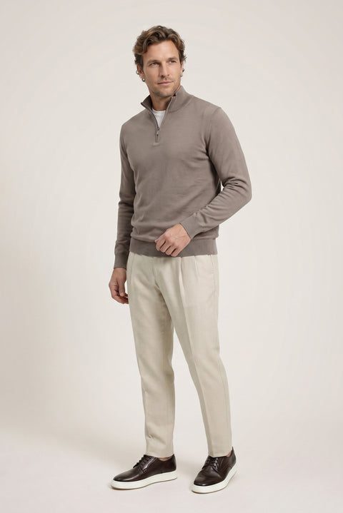 Medium Mink Regular Fit Half Turtleneck Zip-Up Knit Sweater
