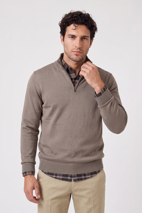 Medium Mink Regular Fit Half Turtleneck Zip-Up Knit Sweater