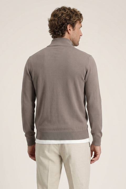 Medium Mink Regular Fit Half Turtleneck Zip-Up Knit Sweater