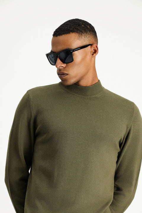 Medium Khaki Half Turtleneck Regular Fit Cotton Knit Sweater