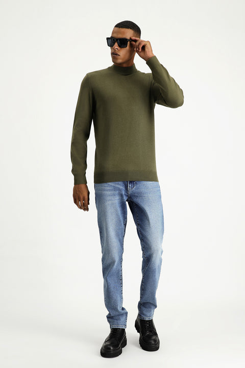 Medium Khaki Half Turtleneck Regular Fit Cotton Knit Sweater