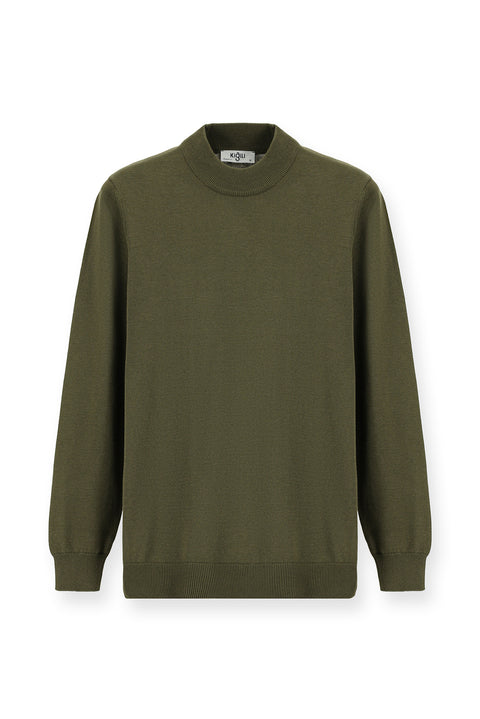 Medium Khaki Half Turtleneck Regular Fit Cotton Knit Sweater