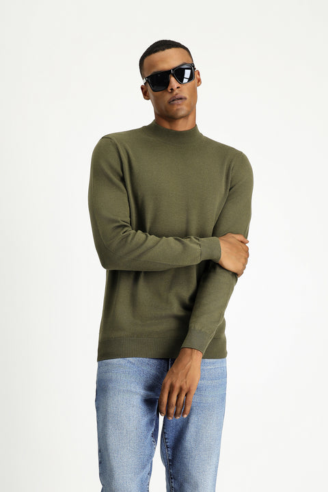 Medium Khaki Half Turtleneck Regular Fit Cotton Knit Sweater