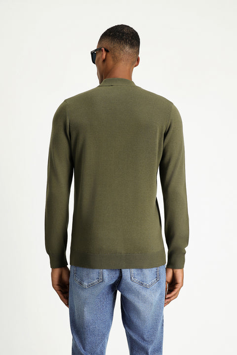Medium Khaki Half Turtleneck Regular Fit Cotton Knit Sweater