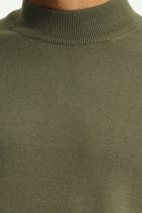 Medium Khaki Half Turtleneck Regular Fit Cotton Knit Sweater