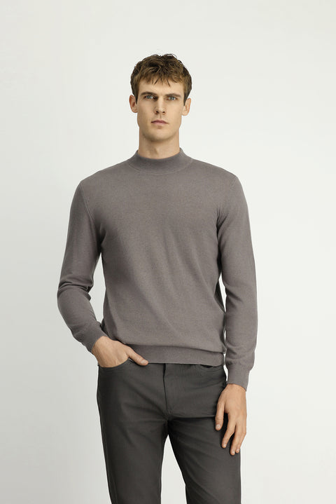 Orta Gri Melanj Yarım Balıkçı Yaka Regular Fit Pamuklu Kaşmirli Triko Kazak