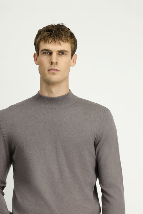 Orta Gri Melanj Yarım Balıkçı Yaka Regular Fit Pamuklu Kaşmirli Triko Kazak