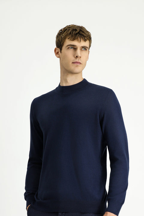 Koyu Lacivert Yarım Balıkçı Yaka Regular Fit Pamuklu Kaşmirli Triko Kazak