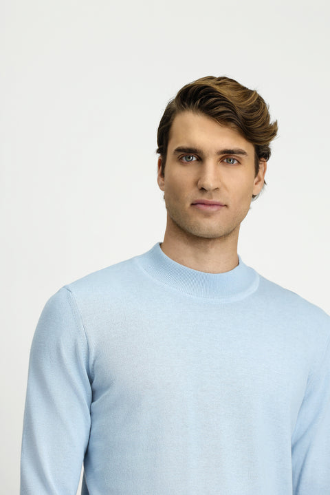 Light Blue Semi-Turtleneck Regular Fit Cotton Cashmere Knit Sweater