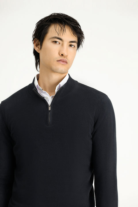 Siyah Yarım Balıkçı Yaka Regular Fit Fermuarlı Kaşmirli Triko Kazak